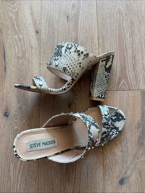 Steve Madden Snake-Print Studded Block Heel Mules in Beige and Black